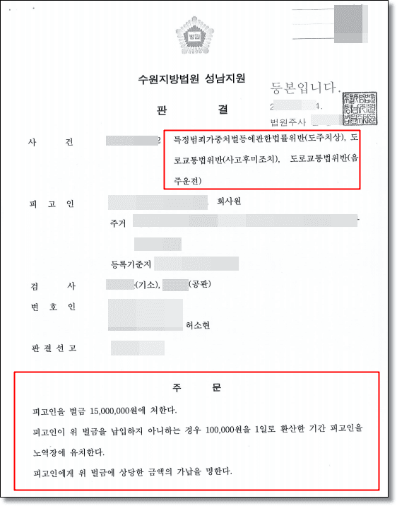 음주뺑소니 0.133% · 벌금 1500만원