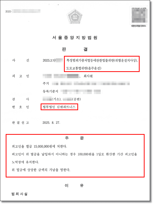 만취 위험운전치상 0.17%, 징역 실형 위기에서 벌금 1500만원