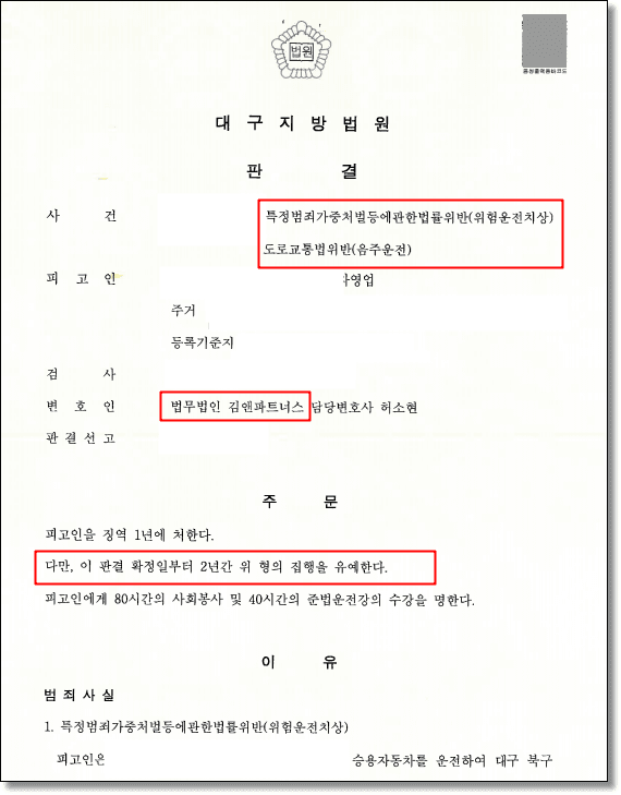 위험운전치상(0.158%) 중앙선 침범 상해 사고, 집행유예