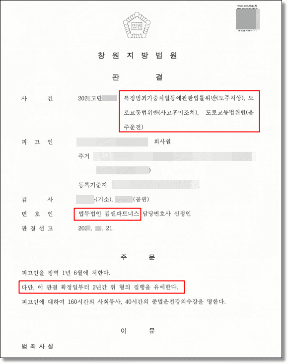 음주운전 사고 후 미조치(뺑소니) 현행범 체포, 집행유예